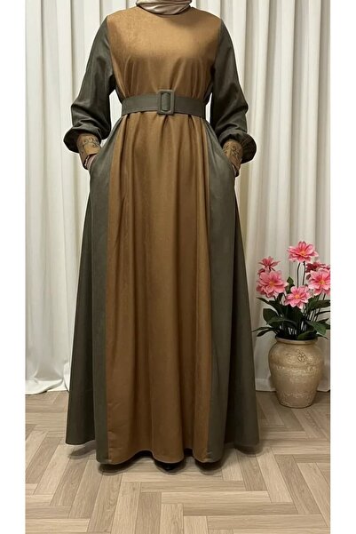 Elikra SÜET KAHVERENGİ KOLU NAKIŞLI ELBİSE