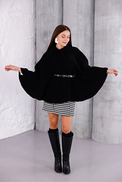 lizge giyim Плюшено черно дамско пончо с колан