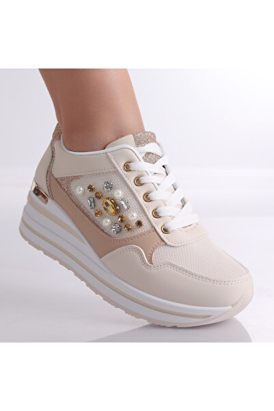 Botinelli Teniși bej pentru femei din material textil și piele ecologică Muli...