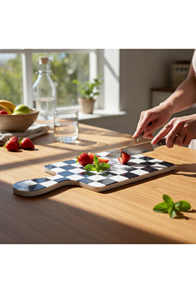 TTSERAMİK Black and White Checkerboard Patterned Handmade Ceramic Cutting Boa...