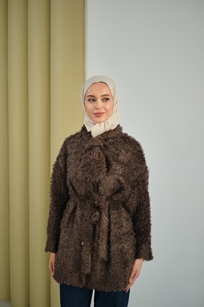 LOCCO Women's Collar Tie Plush Cardigan Brown