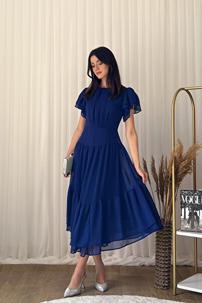 Klex Chiffon Short Sleeve Tiered Skirt Midi Evening Dress