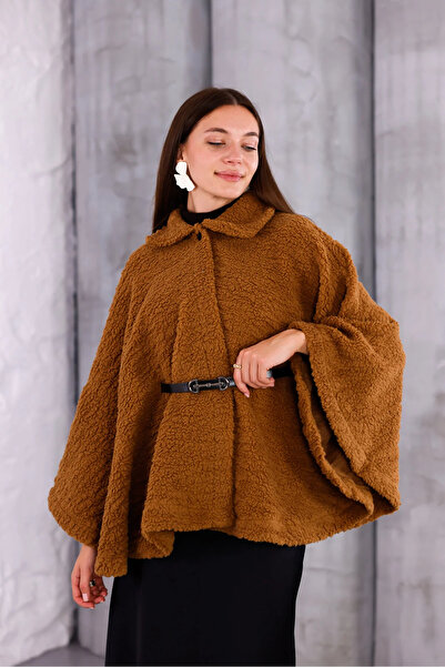 lizge giyim Плюшено кафе дамско пончо с колан