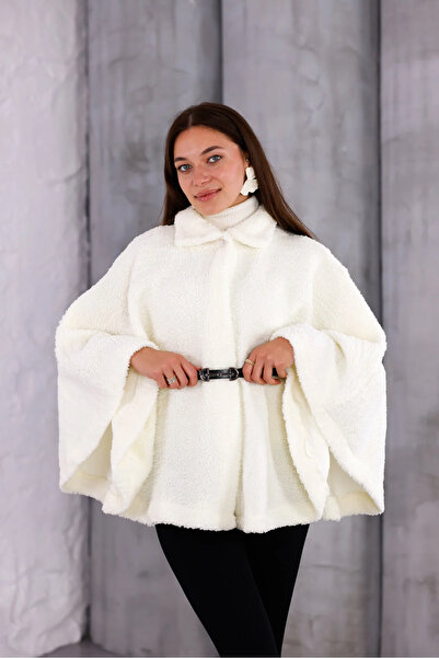 lizge giyim Peluş Beyaz Kadın Kemerli Panço