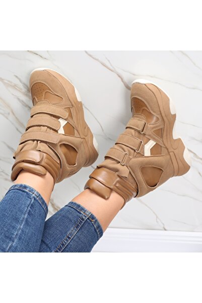 Botinelli Women's Sneakers with Khaki Platform Made of Anamil -Leather, 39