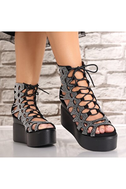 Botinelli Women's Black Platform Sandals Made of Adarya -Suede Leather, 35