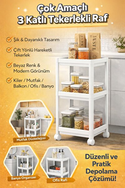 DrBambu Çok Amaçlı 3 Katlı Tekerlekli Banyo Raf Ünitesi Düzenleyici