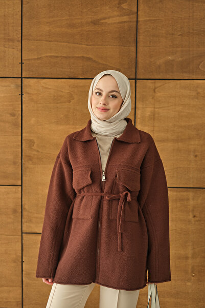 LOCCO Women's Felt Cardigan with Pockets Brown