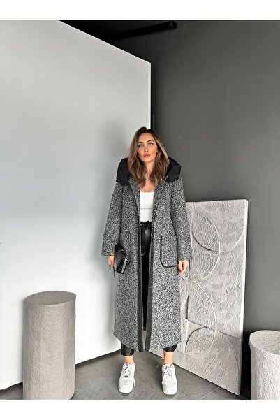 Zerrincan Giyim Gri Kapşonlu Düğmeli Buklet Kaban
