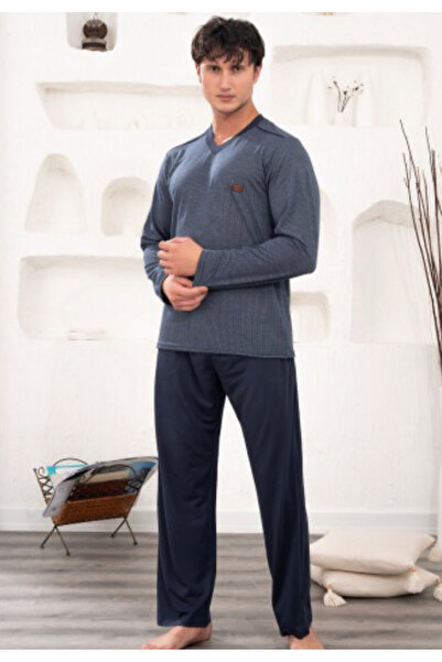 Pelin Men's Long Sleeve V-Neck Thin 50% Cotton 50% Modal Pajama Set-Navy Blue...