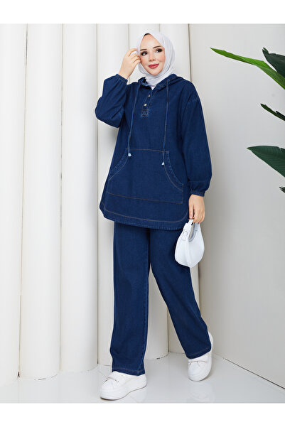 Pamuk Butik Women's Casual Denim Set with Two Kangaroo Pockets and Pants