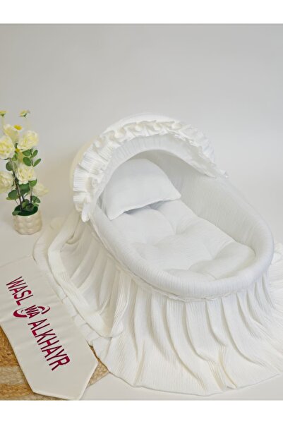 WASL ALKHAIR مهد مواليد سلة موسى حديد بتصميم انيق وقماش لون سكري ومريح للأطفال