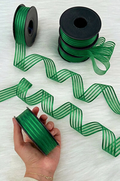 ZEYMERADE Emerald Green Hilton Striped Chiffon Ribbon 2.5 cm 20 Meters, Bride, Bundle, Engagement, Dowry, Gift, Decoration