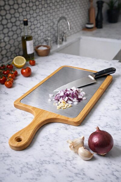 wiesmann Paslanmaz Çelik Ve Bambu Ahşap Çift Taraflı Tutma Saplı Kesim Panosu Kesim Tahtası