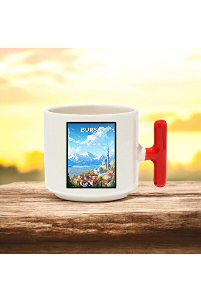 BB TRADE Bursa Designed Red T-Handle Ceramic Printed Mug Cup 250 ml