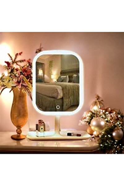 Zeynes Home Dokunmatik Şarj'lı 3 Renk Led’li Kare Işıklı Makyaj Aynası Beyaz