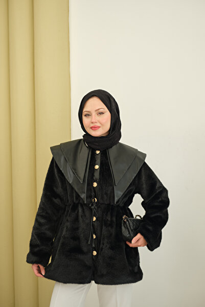 LOCCO Women's Double Leather Collar Plush Jacket Black