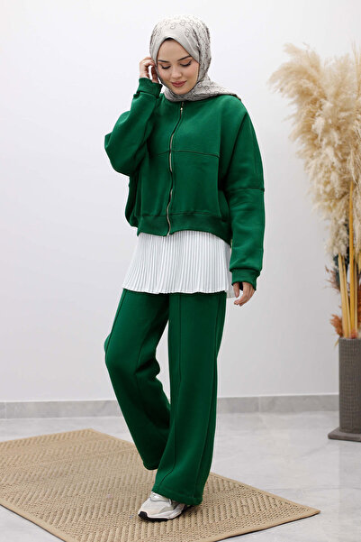 Tesettür Dünyası cu căptușeală din fleece Set de trening cu fermoar TSD250258 Verde smarald