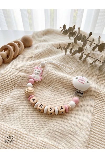 Pufuduk Baby İsme Özel Doğal Ahşap Emzik Askısı, Pembe Unicorn Bebek Hediyesi Emzik Zinciri