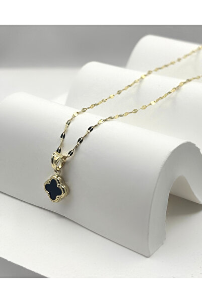 DİAMİNE PIRLANTA 14 Ayar Altın Kalın Aynalı Zincir Siyah Taşlı Yonca Kolye
