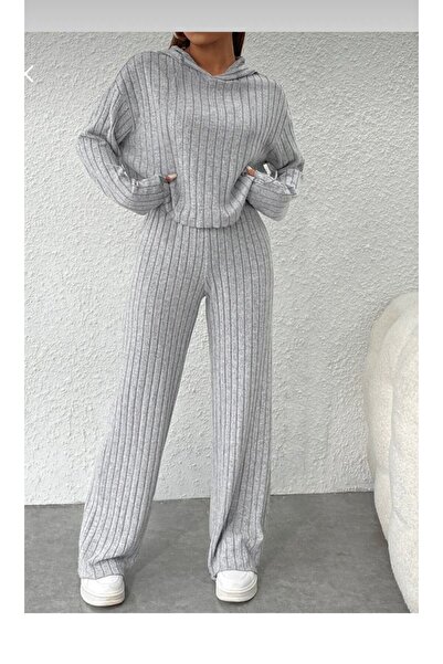 mor butik Women's Gray Hooded Thin F Corded Fabric Comfortable High Waist Wide Leg Young Suit Nt2828