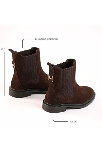 NE&VE SHOES Kahve Süet Hakiki Deri İki Yandan Lastikli Gold AksesuarlıKadın Chelsea Bot