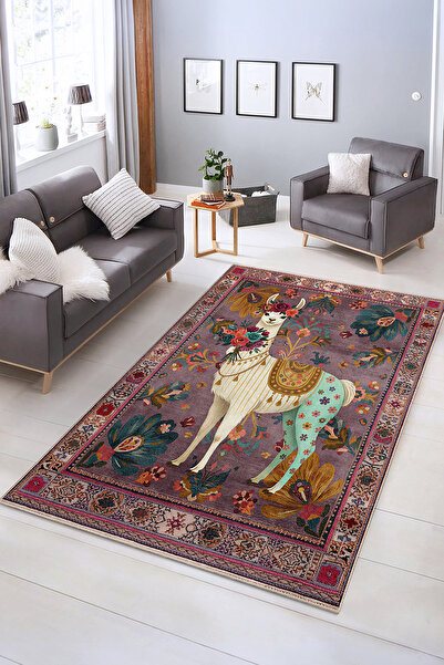 Realhomes Çiçekli ve Llama Desenli Yıkanabilir Kaymaz Taban Salon Halısı