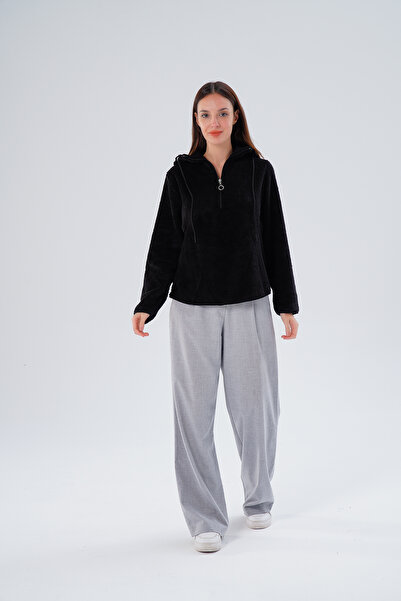 Gülmina Moda Kadın Çift Taraflı Wellsoft Yarım Fermuarlı Kapişonlu Sweat