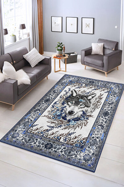 Realhomes Kurt ve Çiçek Desenli Yıkanabilir Kaymaz Taban Salon Halısı