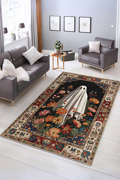 Realhomes Çiçek Desenli Yıkanabilir Kaymaz Taban Dekoratif Salon Halısı