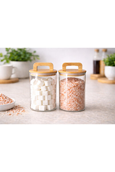 Durina Living Set of 2 Glass Jars with Bamboo Handles and Lids 500 ml – Trans...