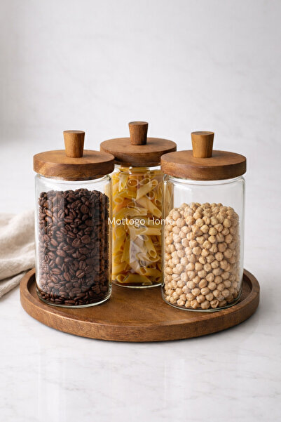 Mottogo 3-Piece Vacuum Glass Storage Jar Set with Wooden Lid 950 ml – with Wooden Tray