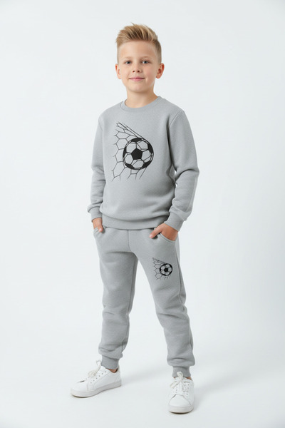 FYK KİDS 3 Yarn Winter Round Neck Print Detail Shaa Fleece-Lined Piece Boys Tracksuit Set