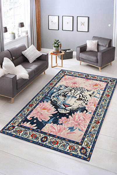 Realhomes Çiçekli Asya Kaplanı Desenli Yıkanabilir Kaymaz Taban Salon Halısı