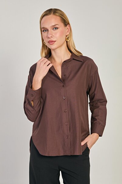 BARRELS AND OIL Women's Long Sleeve Oversized Shirt - Brown