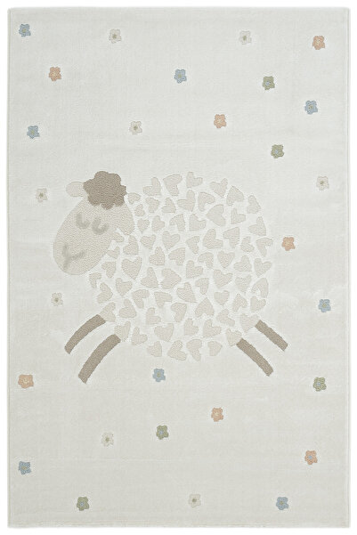 Cool Halı Smile Krem Çiçekli Koyun Figürlü Yumuşak Parlak Dokuma Kolay Temizl...