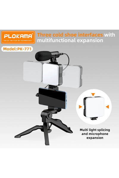 PLOKAMA PK-771 Vlogging Kit | All-in-One Video Making Set | LED Light + Microphone + Tripod + Remote