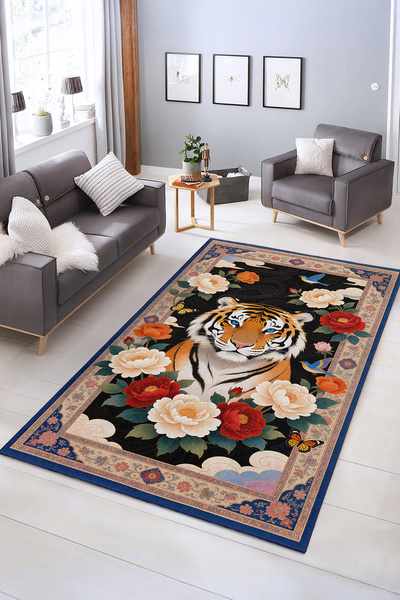 Realhomes Tropical Aslan ve Çiçek Desenli Yıkanabilir Kaymaz Taban Salon Halısı