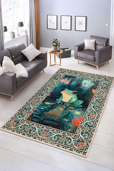 Realhomes Canlı Renkli Kurbağa Desenli Yıkanabilir Kaymaz Taban Salon Halısı