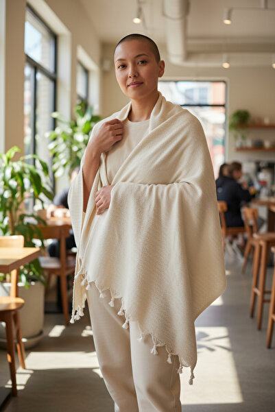 DNRYSL Women's Ecru 100% Cotton Shoulder Shawl 180X70 cm Soft Textured Shawl with Tassel Detail