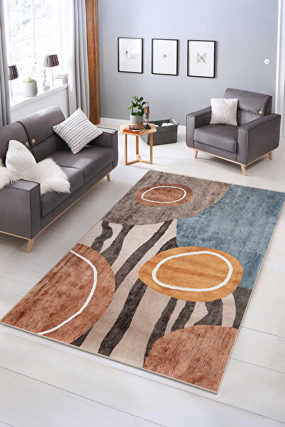 Realhomes Modern Abajur ve Daire Desenli Yıkanabilir Kaymaz Taban Salon Halısı
