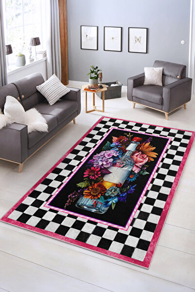 Realhomes Renkli Çiçek ve Şahbaz Desenli Yıkanabilir Kaymaz Taban Salon Halısı