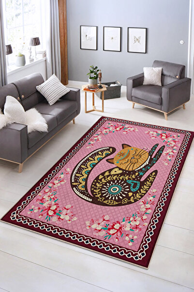 Realhomes Renkli Kedi Desenli Yıkanabilir Kaymaz Taban Salon Halısı