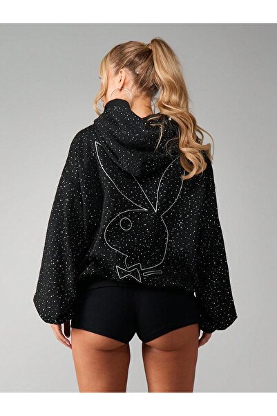 Afri Hanorac pentru femei O supradimensionat cu detaliu de cristal brodat cu piatră - Playboy B cu imprimeu Black K cu glugă Top