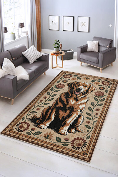 Realhomes Şirin Köpek Desenli Yıkanabilir Kaymaz Taban Salon Halısı