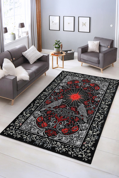 Realhomes Desenli Kırmızı Güneş ve Kuş Motifli Yıkanabilir Kaymaz Taban Salon...