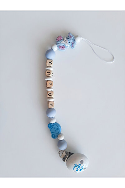 Pufuduk Baby İsme Özel Doğal Ahşap Emzik Askısı, Mavi Tavşan Figürlü Bebek He...