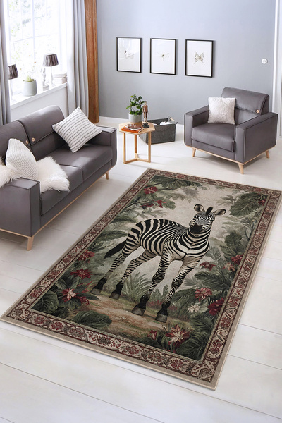 Realhomes Zebra ve Tropikal Bitki Desenli Yıkanabilir Kaymaz Taban Salon Halısı