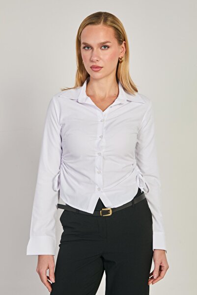 BARRELS AND OIL Women's Gathered Side Long Sleeve Shirt - White