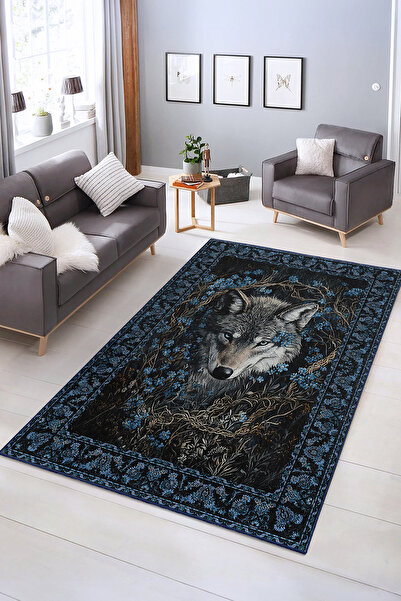 Realhomes Mavi Kurt ve Çiçek Desenli Yıkanabilir Kaymaz Taban Salon Halısı